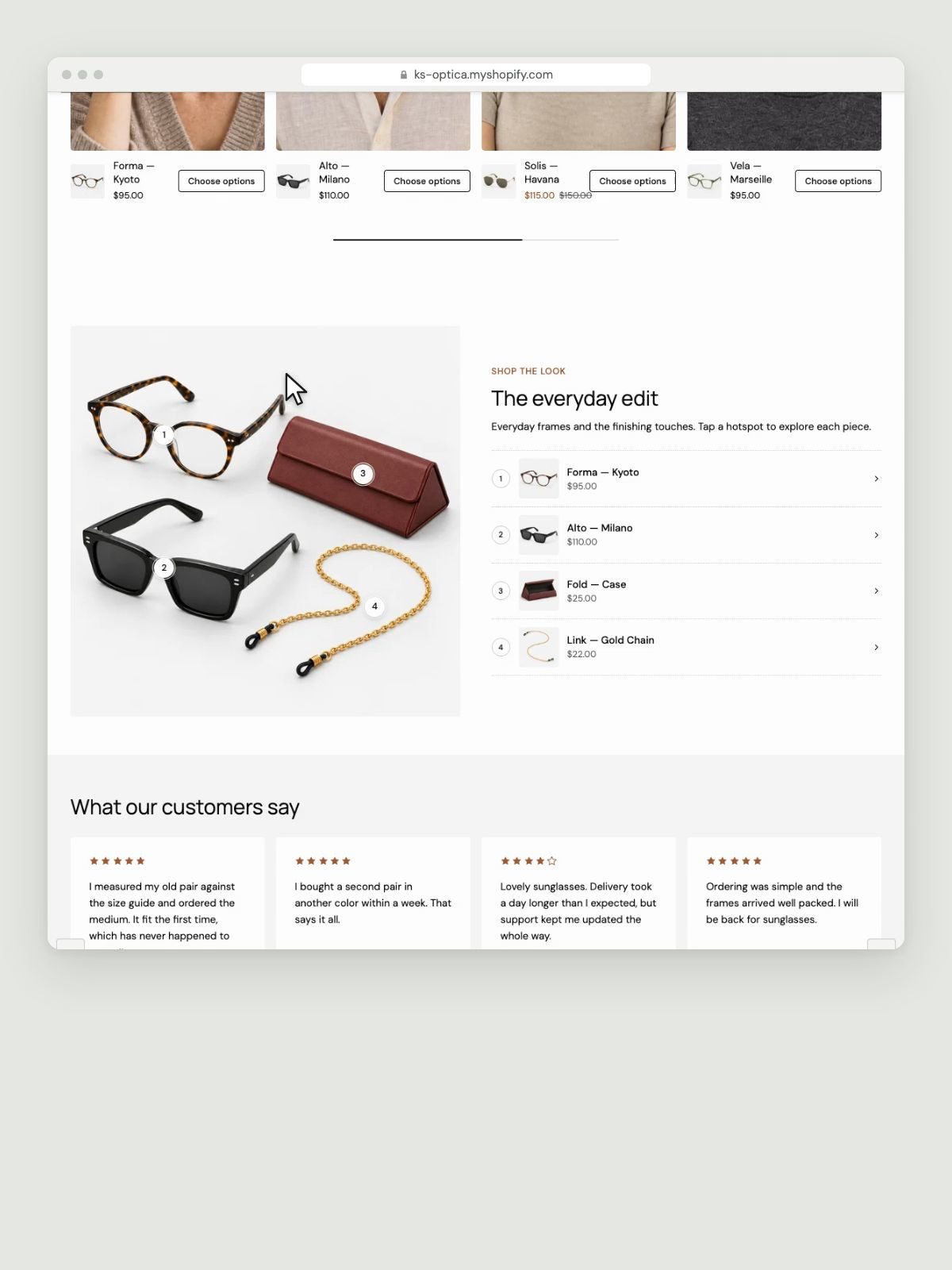 KS Optica lookbook: tap a hotspot on the photo to see the product and quick add it