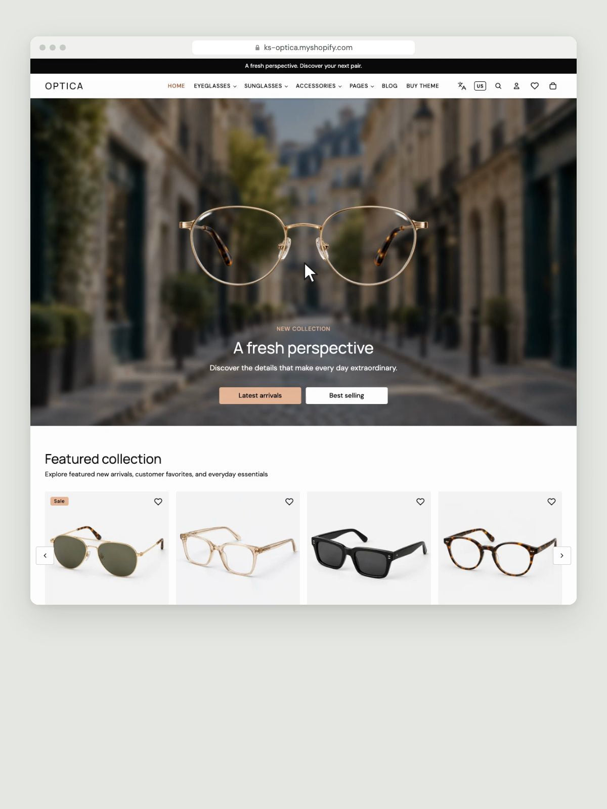 KS Optica layered parallax hero: move the pointer and the frames float above the scene and follow it