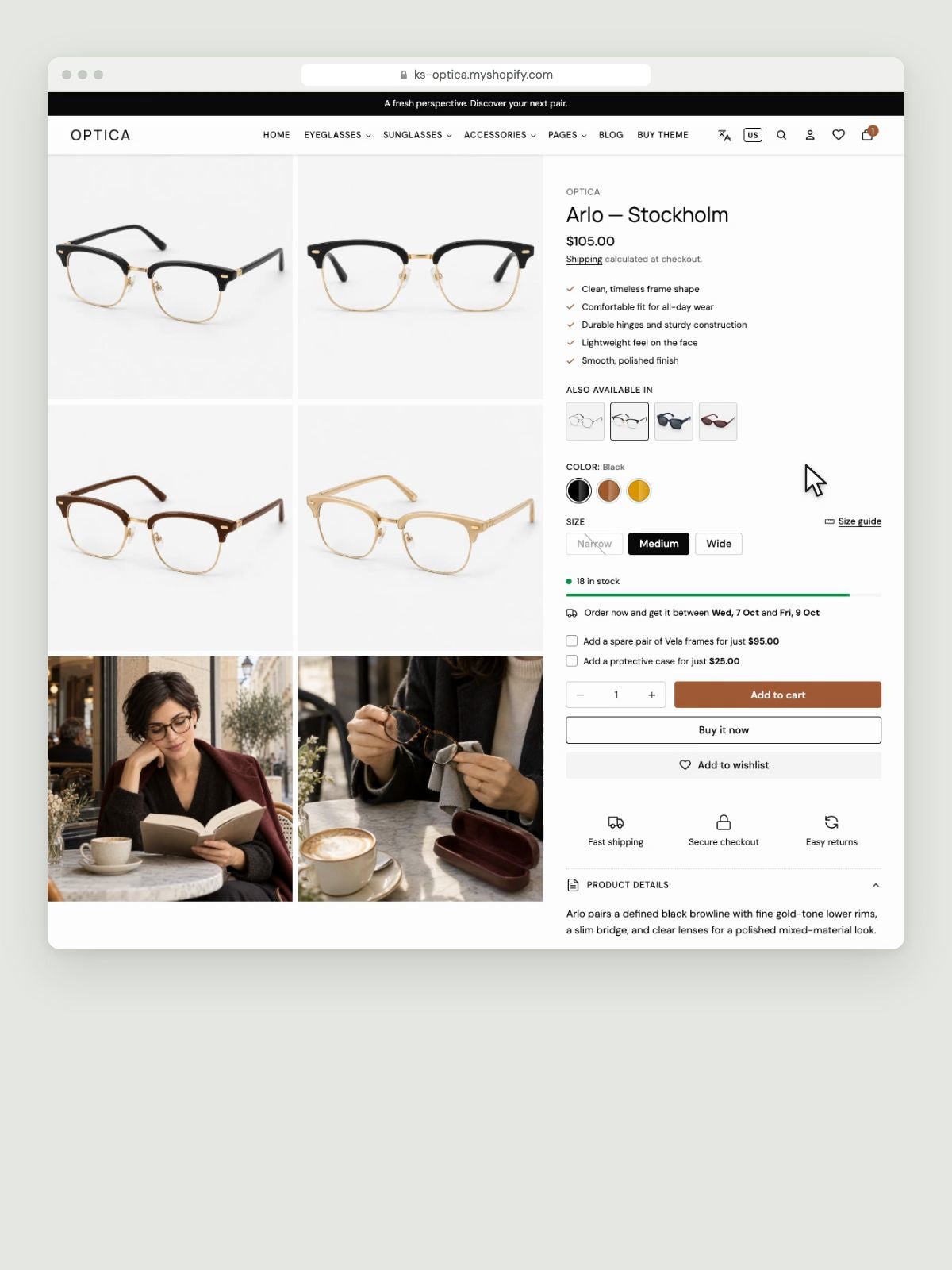 KS Optica cart upsells: the cart drawer suggests an add-on under each item and a list of picks, and the free shipping bar fills as they are added