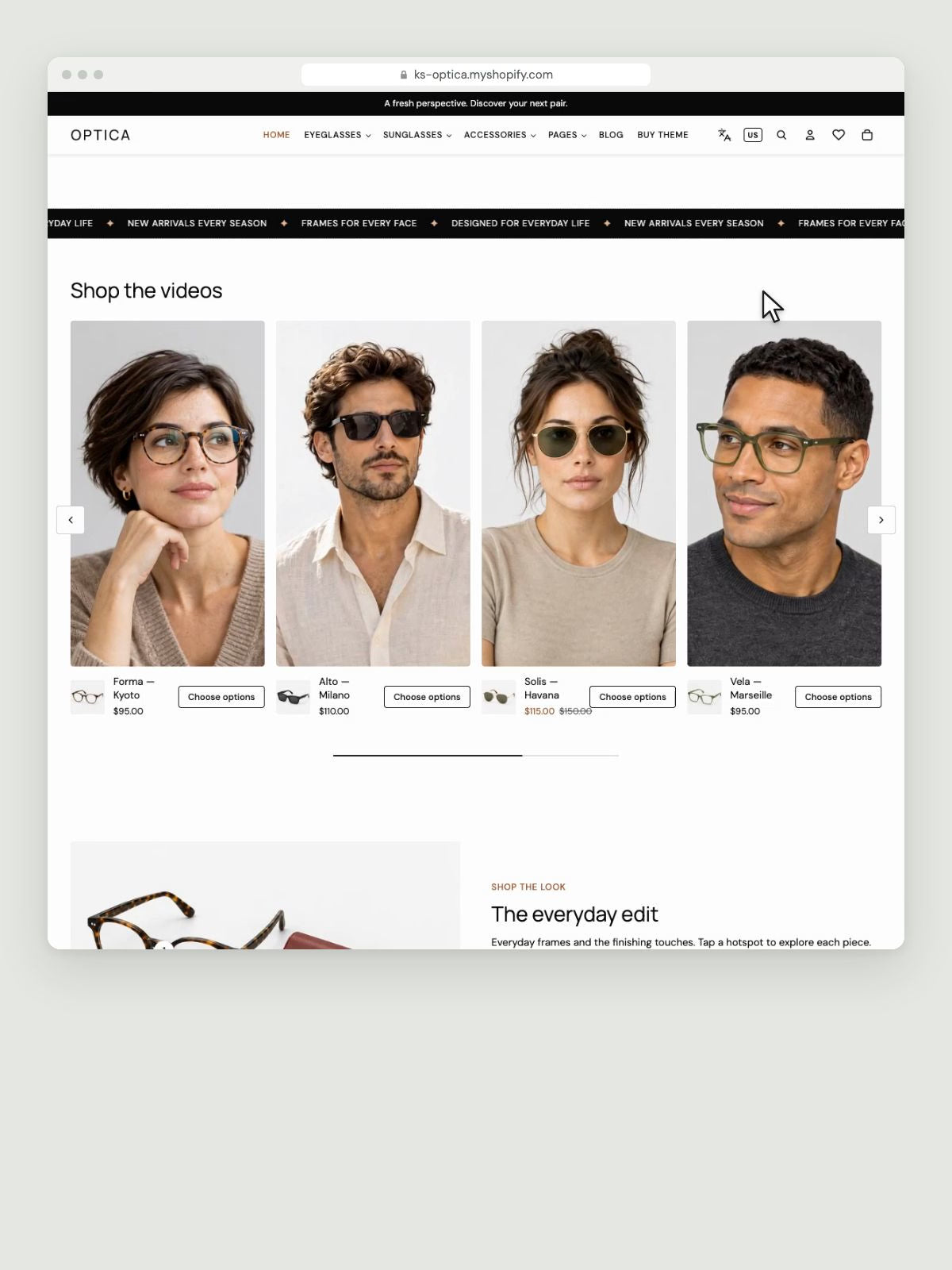 KS Optica shoppable videos: a carousel of playing clips, each with its product and quick add