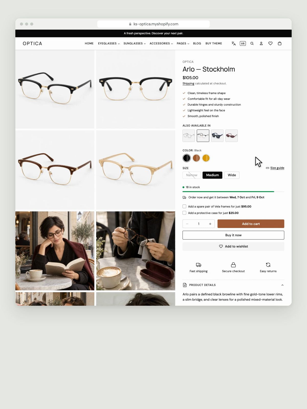 KS Optica product page: pick a colour swatch and the gallery leads with that colour, choose a size, tick an add-on, and a sticky add to cart bar follows the scroll